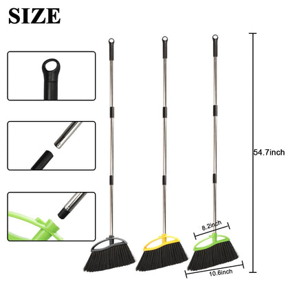 Chanhoo 3 Pack Soft Bristle Angle Broom for Floors - Wide Indoor Heavy Duty Broom with 38"-53.5" Adjustable Handle, Kitchen & Restaurant Use for Hardwood, Porch (Gray, Yellow, Green)