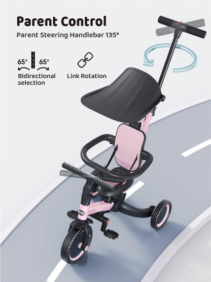 newyoo Tricycle for Toddlers 1-3, Toddler Tricycle with Push Handle and Canopy, Toddler Bike, Birthday Gift and Toys for Girl and Boy, 6 in 1 Baby Trike, Balance Bike, TR009, Pink