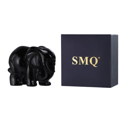 SMQ Black Obsidian Elephant Statue Gifts for Women 2''Crystal Elephant with Trunk Down Carved Lucky Pocket Spiritual Animal Carvings Home Office Desk Ornament