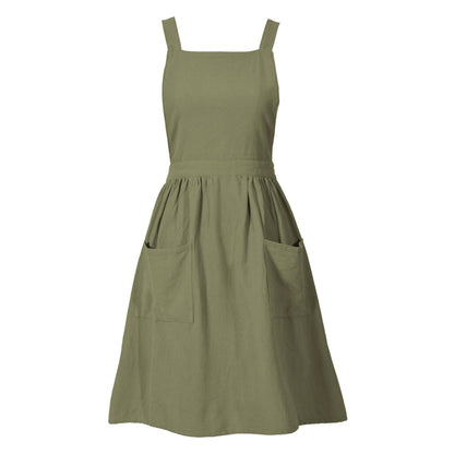 Pinknoke Cotton Linen Pinafore Apron Dress for Women with Pockets Cute Art Chef Aprons for Kitchen Baking Gardening Painting (Olive Green)