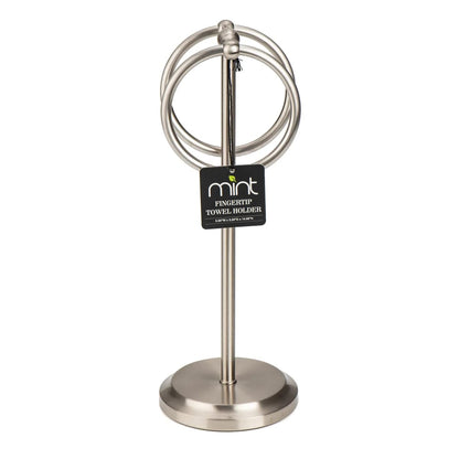 J&V TEXTILES Steel Towel Rack Holder Stand with 2 Hanging Rings for Bathroom Vanity Countertops - Space Saving Hand Towel Holder (Brushed Satin Nickel)