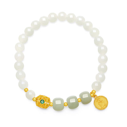 ZHOU LIU FU Sterling Silver Bracelets White Jasper Bracelet Bead Bracelet Green Jasper Round Fortune Charm Bracelet Stretch Bracelet for Women Mom Lover Birthday Aniversary 6.7inch/17cm