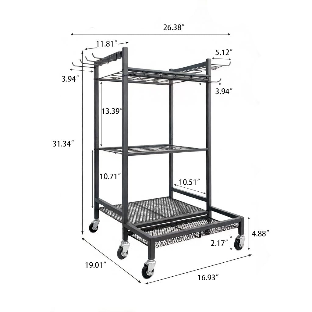 Garden Tool Organizer Rack with Wheels Up to 30-35 Tools, Heavy-Duty Steel Yard Tool Organizer for Garage Storage with 11 Hooks, Broom Holder & Garden Tool Rack for Shed, Patio, Lawn, Outdoor, Black