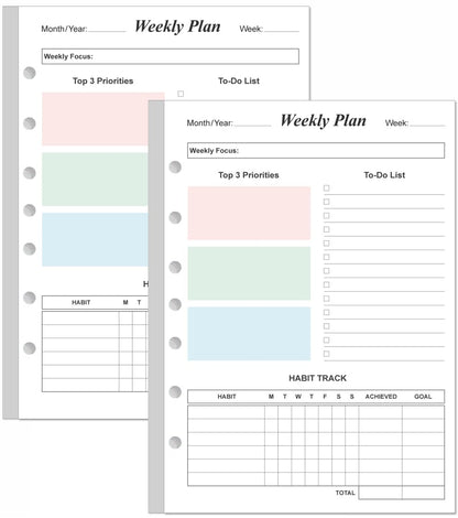 (2-PACK) Weekly Planner Refills for 3 or 7 Ring Mini Binders - 106 Sheets/212 Pages Undated Colorful Weekly Planner, 100 gsm White Paper, Lasts 2 Year, Undated, 5.8" x 8.3"