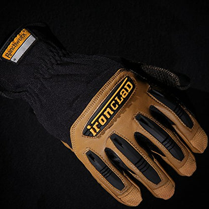 Ironclad Ranchworx Work Gloves RWG2, Premier Leather Work Glove, Performance Fit, Durable, Machine Washable, (1 Pair), RWG2-04-L,Brown/Black