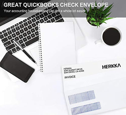 #9 Double Window Security Envelopes, HERKKA No.9 Double Window Business Envelopes Designed for Quickbooks Invoices and Business Statements - Number 9 Size 3 7/8 Inch X 8 7/8 Inch - 24 LB - 500 Pack