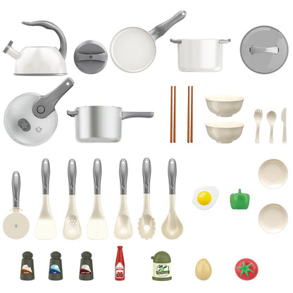 Bruvoalon 32Pcs Kids Play Kitchen Toys Set, Toddlers Pretend Cooking Playset Acccessories with Pots Pans, Utensils Cookware, Foods, Canned Veges, Learning Gift for Kids Girls Boys (White)