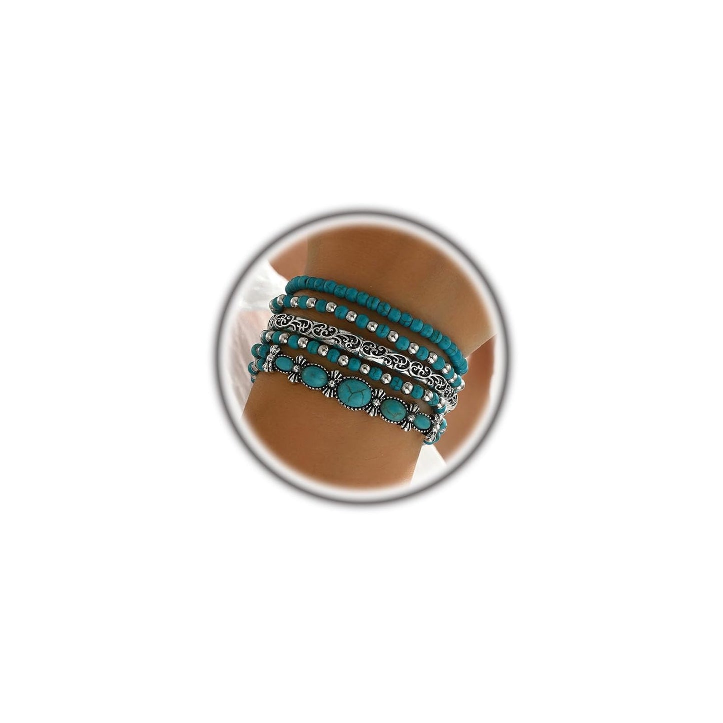 Navirix Western Bracelet for Women,Boho Turquoise Beaded Stackable Elastic Bracelets Set,Vintage Concert Country Cowboy Jewelry Accessories(Oval)