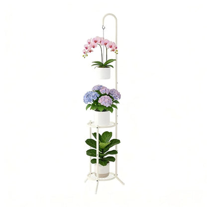 WELUKGUUD 2-Tier Hanging Plant Stand Indoor and Outdoor , Space-Saving Iron Planter Shelves, Multiple Flower Pot Display Holder Shelf with Hanging Hook, Corner Plant Stands (White)