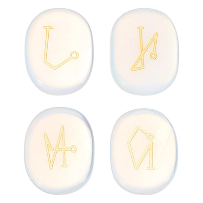 MECCANIXITY 4Pcs Engraved Chakra Stones with Reiki Symbols, Opalite Reiki Healing Crystal Gemstone 7 Chakra Crystal Stones Tumbled Palm Stone for Anxiety Relieve