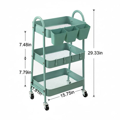 danpinera 3-Tier Rolling Cart, Utility Cart Mobile Metal Rolling Storage Cart with Lockable Wheels & Hanging Cups & Hooks for Kitchen, Bathroom, Office, Workshop, Green