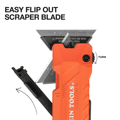 Klein Tools 44306 FLICKBLADE 2-in-1 Folding Utility Knife and Scraper with Built-In Blade Storage, Dual Locking Positions, Includes 3 Triple-Ground Carbon Steel Blades