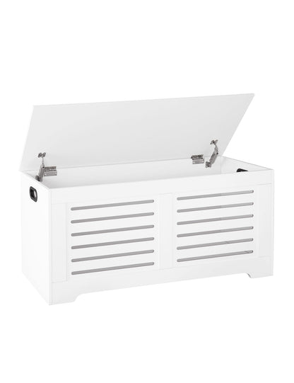 DINZI LVJ Storage Chest, 43.3” Wooden Toy Box with 2 Safety Hinges, Retro Entryway Shoe Storage Bench with Flip-Top, Sturdy Large Storage Trunk for Living Room, Bedroom, Easy Assembly, White