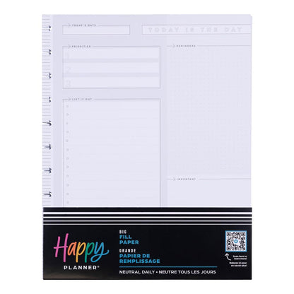 Happy Planner Undated Refill Paper for Planners and Journals, Neutral Lined Dashboard Layout Daily Notebook Planner Paper, Big Size, 100 Sheets 8 1/2" x 11"
