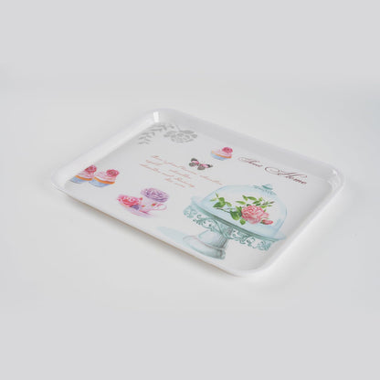 4-Pack Melamine Serving Tray Set - Rectangle Stackable Food Breakfast Fruit Platter with Floral Print for Gift Party Decor Home Restaurant (Cake)