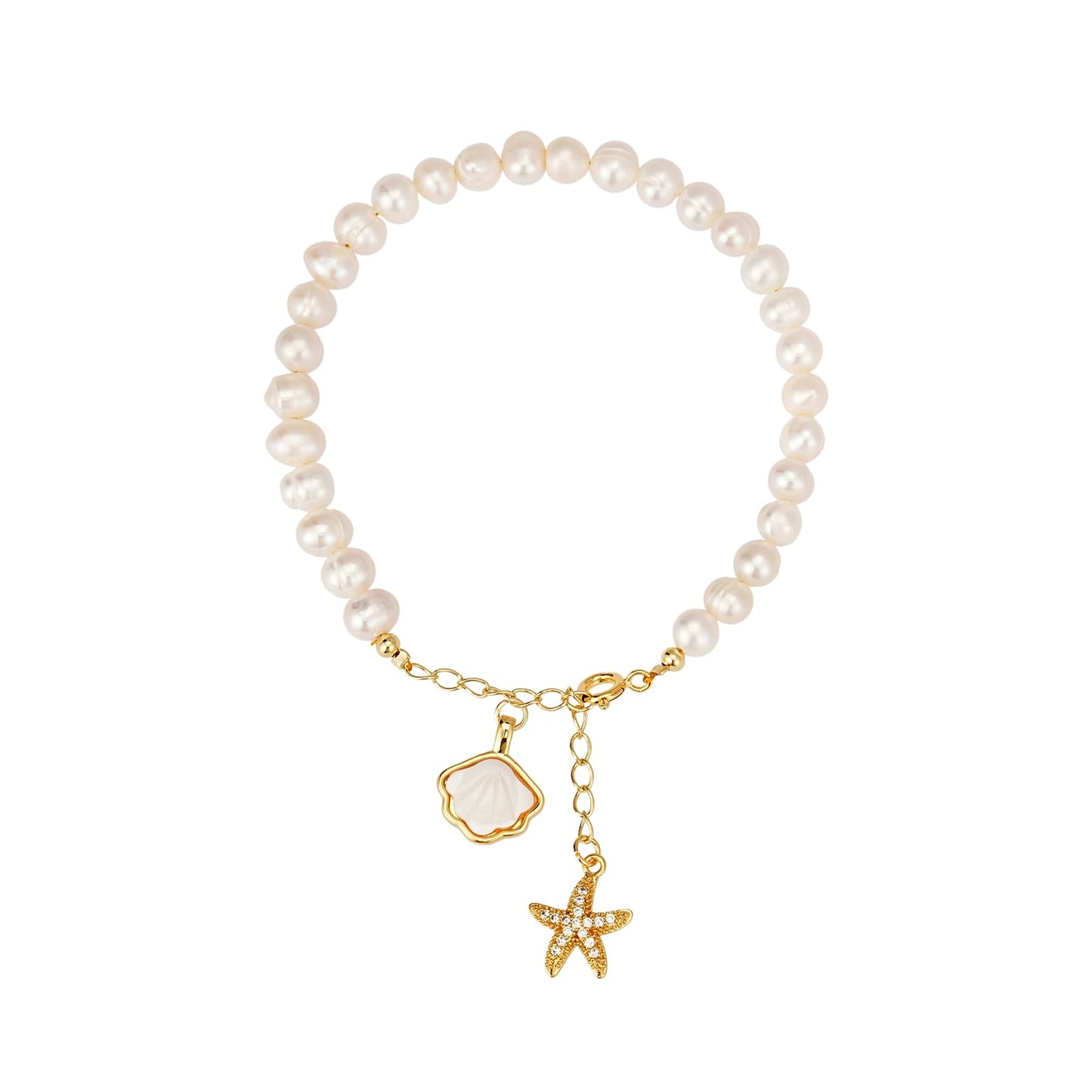 Sylph Baroque Pearl Bracelet for Women Natural Freshwater Pearl Bracelet with Starfish shells Gold Link Chain Bracelet Ladies Wife