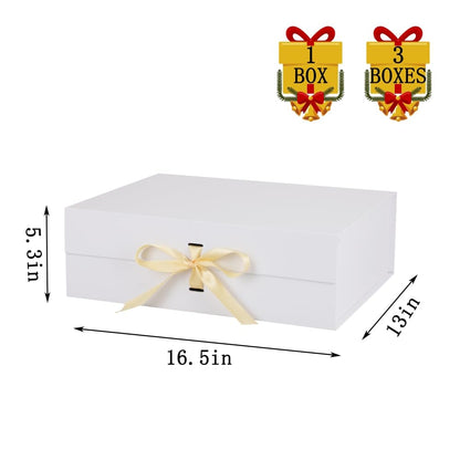BoxSkivra Large White Gift Box with Ribbon 1 Pack 16.5X13X5.3 Inch Extra Large Gift Box with Lid Magnetic Closure Rectangle Collapsible Luxury Boxes for Wedding Dress、Shredded Paper Filler & Card