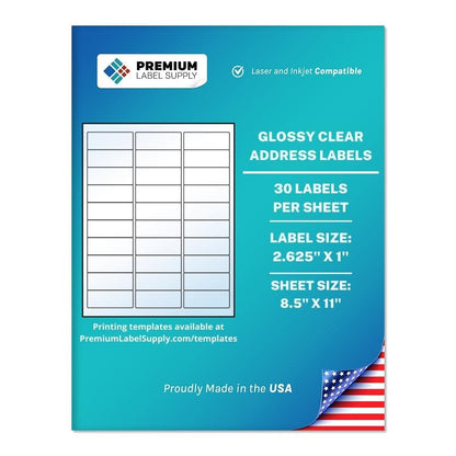 Premium Label Supply Glossy Clear Address Labels – 2.625" x 1" – Laser/Inkjet Compatible – (30 per Sheet), 10 Sheets - 300 Total Adhesive Labels