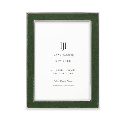 Isaac Jacobs 4x6 Olive Leather with Silver Metal (Vertical & Horizontal) Picture Frame, Suede Border w/Black Fabric Easel, Wall-Mountable, Made For Tabletop, Photo Gallery (4x6, Olive W/Silver)