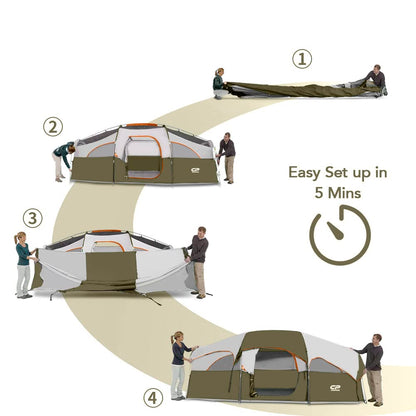 CAMPROS CP Tent 8 Person Camping Tents, Weather Resistant Family Tent, 5 Large Mesh Windows, Double Layer, Divided Curtain for Separated Room, Portable with Carry Bag - Olive