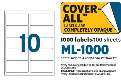 MACO Printable Labels for Shipping - Laser/Ink Jet Compatible Shipping Labels, 10 per Sheet, 2" x 4", Box of 100 Pages/1000 Labels, White