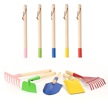 5 PCS 28" Detatchble Kids Gardening Tools, Metal Beach Digging Toys with Sturdy Wooden Handle, Safe Backyard Snow Sensory Playset Including Hoe, Tooth & Leaf Rakes, Flat & Pointed Shovels for Children