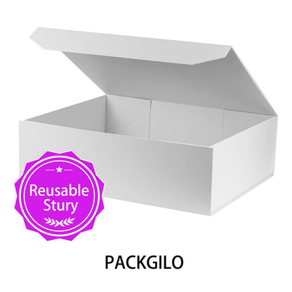 PACKGILO 1 Pcs Matte White Extra Large Gift Box with Lid, 19x16x6 Inches, Hard Magnetic Giant Gift Boxes for Presents Clothes Robe Wedding Dress Sweater,Reusable Foldable Bridesmaid Proposal Box