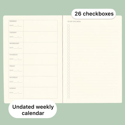 RICCO BELLO Undated Weekly Planner To Do Notebook | Faux Leather Hardcover, for Work, School, Home with Pen Holder, Bookmark, Band Closure, Storage Pocket, 5.7 x 8.4 Inches (Brown)