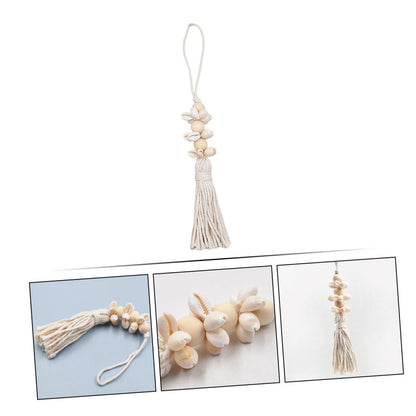 KONTONTY Boho Coastal Decor Wooden Beads String Pendant with Cotton Tassels and Seashells 9.84In Rustic Farmhouse Hanging for Wall Window Decoration