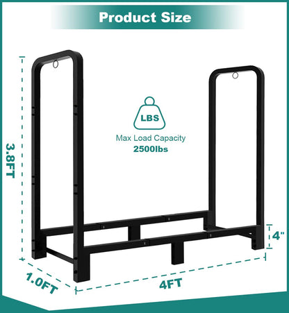 Fandature 4Ft Firewood Rack Adjustable Fireplace Wood Holder for Outdoor Indoor Storage Log - Heavy Duty Fire Log Lumber Stand Stacker, Black
