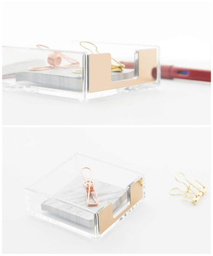 MEI YI TIAN Gold Memo Pad Holder Pencil Cup Set Self-Stick Notes Cube Tray Glitter Desktop Accessories Dispenser for Office Home School Stationery Makeup Brush Organizers (Gold & Clear)
