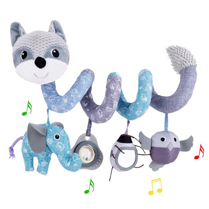 ORZIZRO Car Seat Toys, Baby Plush Spiral Hanging Toys for Stroller Crib Bar Bassinet Car Seat Mobile with Musical Owl BB Squeaker Elephant- Gray Fox