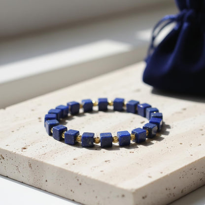 Lapis Lazuli Healing Bracelet – Real Crystal Beads for Stress Relief, Meditation & Chakra Balance – Natural Gemstone Jewelry Gift for Women & Men, Adjustable with Gift Box (6mm Cube Gold Accent)