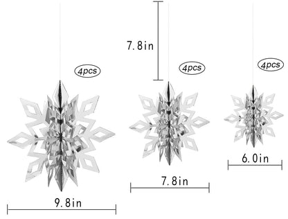 Winter Snowflake Hanging Decorations - 3D Large Silver Snowflakes Paper Hanging Garland for Christmas Winter Wonderland Holiday New Year Party Home Decoration 12PCS (Silver)