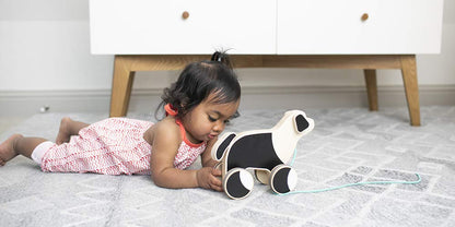 LOVEVERY |The Pull Pup | Wooden Push Pull Toy, Black/White/Natural Wood, Sustainable Toy for Toddler, Ages 18+ Months