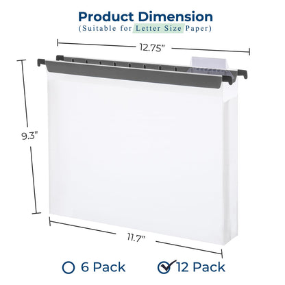 Y YOMA Plastic Extra Capacity Hanging File Folder, Letter Size, 2” Expansion, 12 Pack Clear Reinforced Expanding Hanging Folders with Tabs, Heavy Duty Waterproof Accordion for Bulky Files