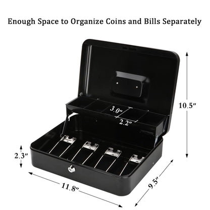 Jssmst Large Locking Cash Box with Money Tray, Lock Box with Security Cable Metal Money Box with Key Lock, Black, CB02304XL