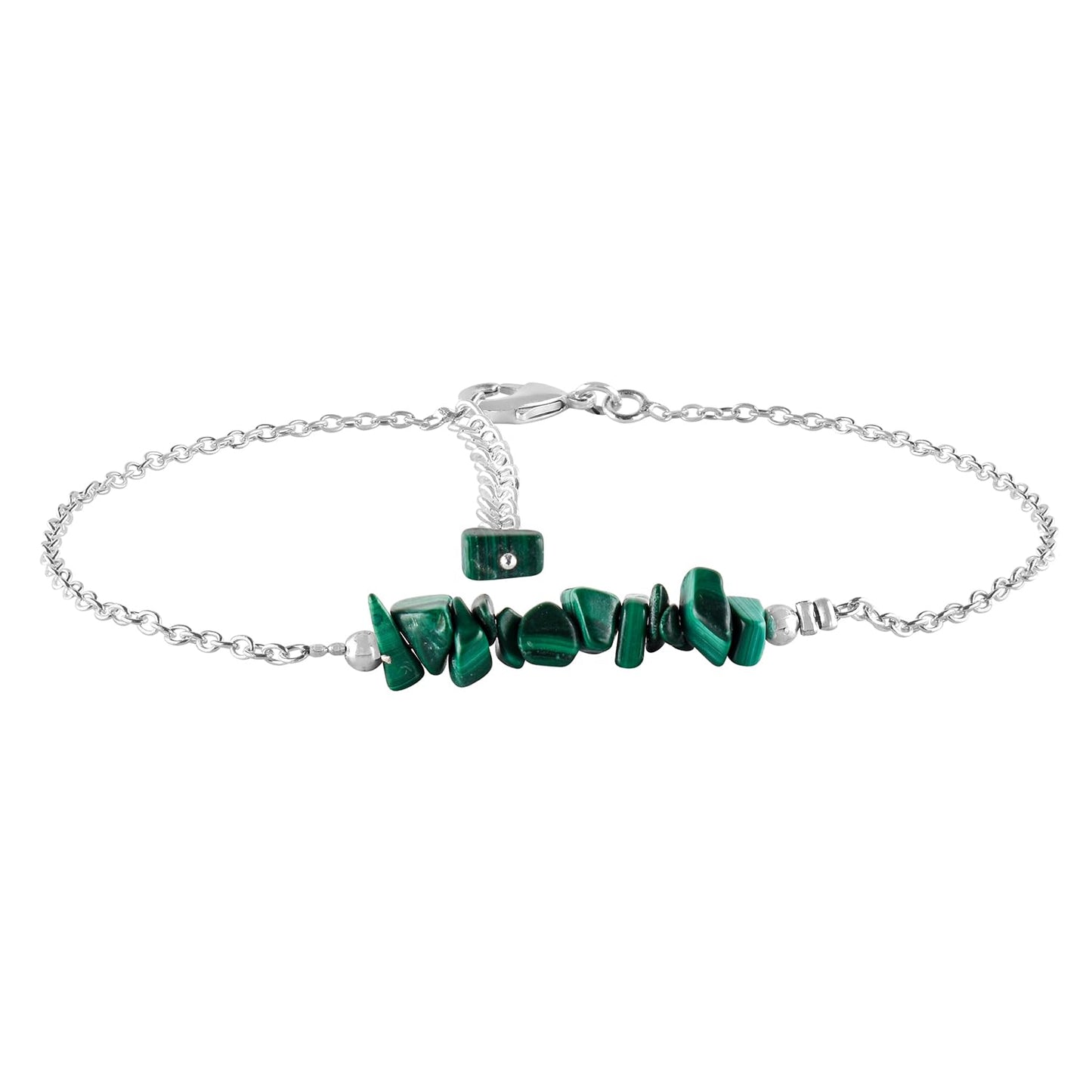 Yanara Malachite Anklets Nuggets Ankle Bracelets for Women Natural Birthstone Silver Plated Jewelry in 9” +1.5” inch Chakra Crystals Valentines Day Gifts For Her