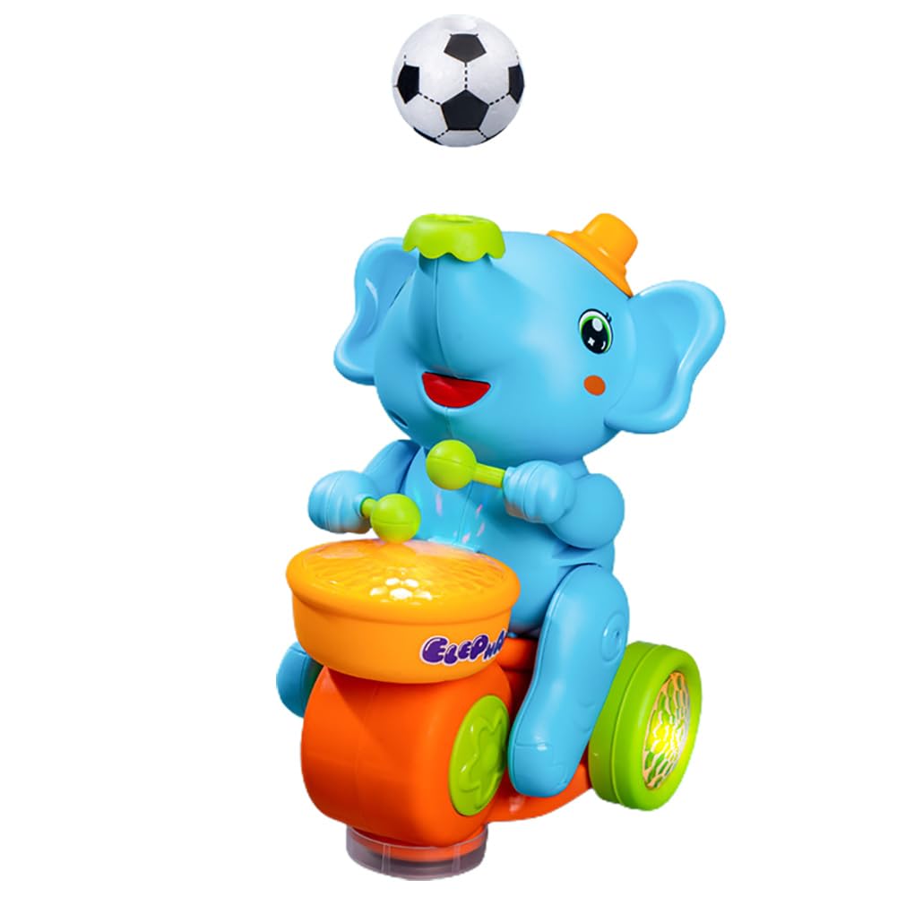 Miracland Drumming Elephant Car Toy, Multifunctional Musical Toy with Blow Floating Ball and Tricycle, Lights and Music, 2 Foam Balls (Blue)