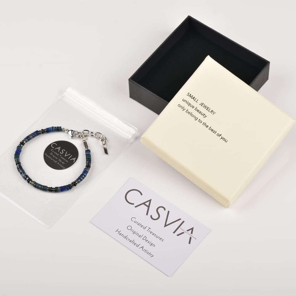 Casvia Men's Lapis Lazuli Hematite & Black Agate Beaded Bracelet, Handmade Adjustable Stainless Steel Chain, Chakra Jewelry Gift for Dad Husband Boyfriend