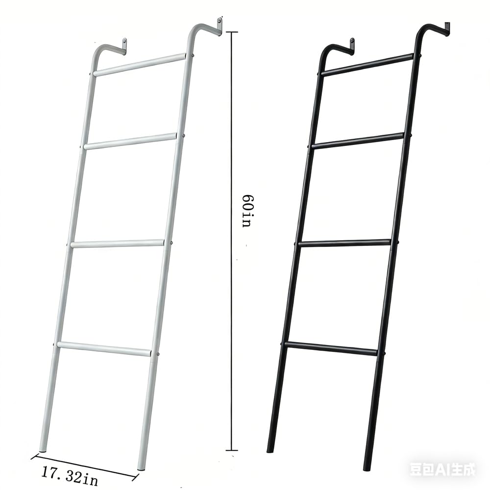 Blanket Ladder, 4 Tier Ladder Shelf 5 FT Decorative Ladder Shelf Stand, Decorative Wall Leaning Farmhouse Quilt Display Holder Dust-proof Metal Towel Rack Holder for Living Room & Bedroom (Black)