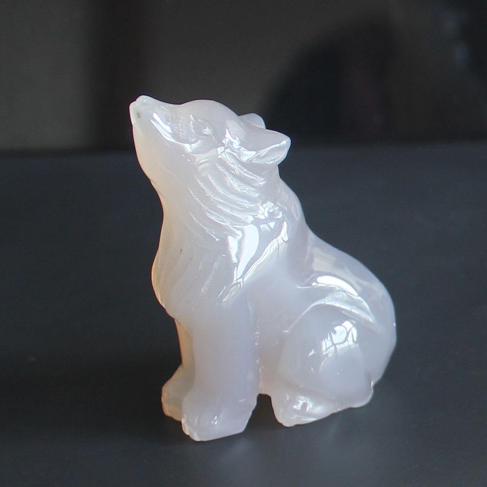 HLbshi Hand Carved Gemstone Crystal Wolf Figurine Animal Statue Carving Office Home Decor Collections 2'' (Gray Agate)