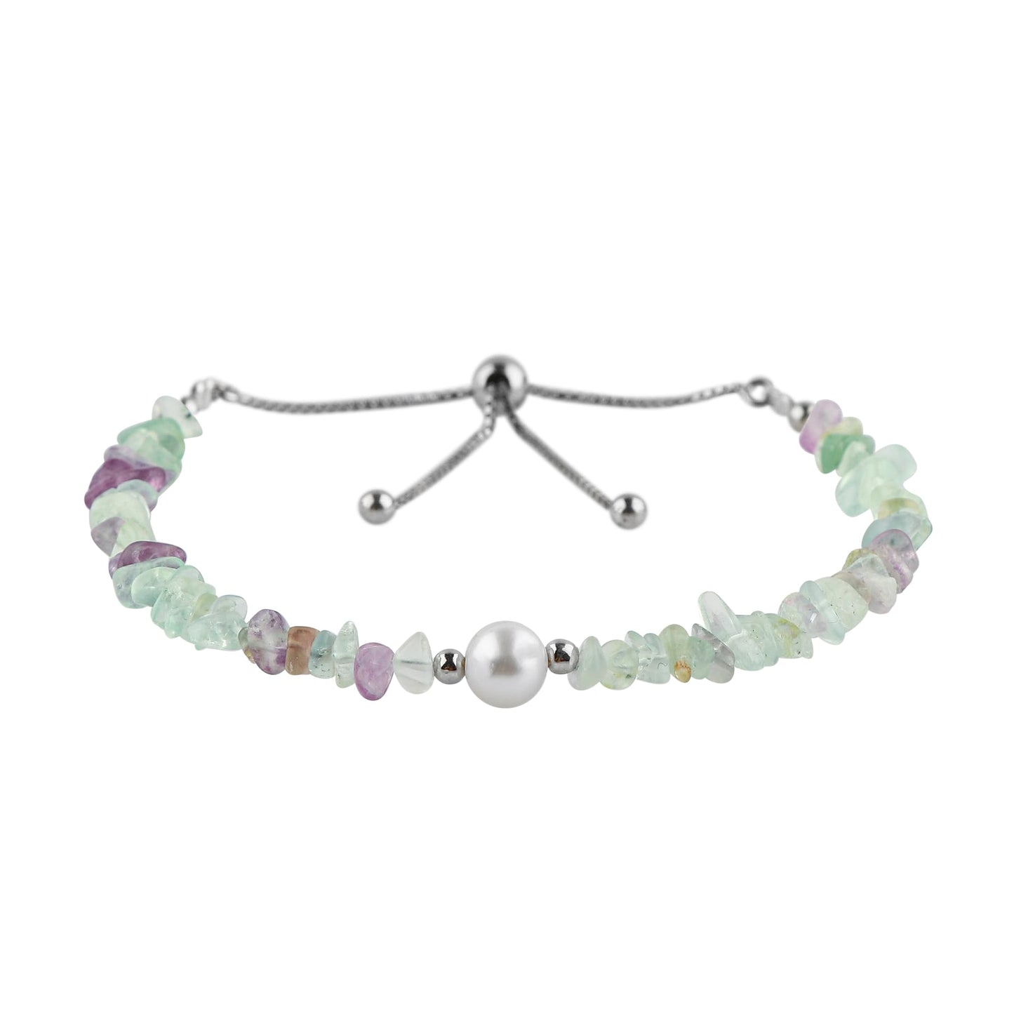 CRYSTALIS Natural Multi-Color Fluorite Beads Slider Bolo Bracelet with Elegant Pearl, Uncut Chips Nuggets Crystals, Chakra Healing Gemstone, Women Jewelry, 925 Sterling Silver Slider 10 inch