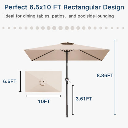 Patio Kingdom 6.5' x 10' Rectangular Patio Umbrella Large Outdoor Market Umbrella w/UV Protection, Push Button Tilt and Crank Lift, Rectangle Table Umbrella for Garden, Deck, Pool, Patio, Beige