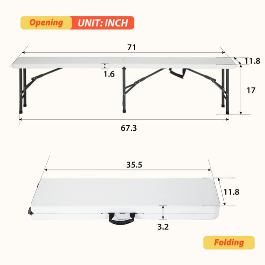6FT Bench Chair Plastic Folding Bench Plastic Portable Outdoor Bench Garden Bench with Carrying Handle and Lock for Camping Picnic Party Dining 2 Pack White