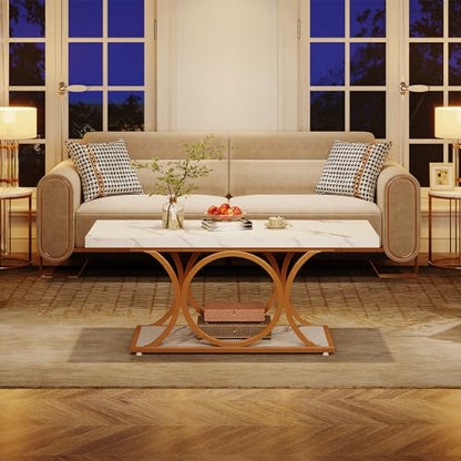Tribesigns 46.45” Rectangle Coffee Table, Modern Coffee Tables for Living Room, 2-Tier Faux Marble Wood Coffee Table with Geometric Legs, Furniture with Storage Shelf (White & Gold)