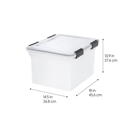 IRIS USA File Box WeatherPro Organizer Plastic for Letter/Legal, Water Resistant Document, Durable Lid, Seal w/Secure Latching Buckles, Stackable, Nestable, Clear 32 Qt. 1 Pack