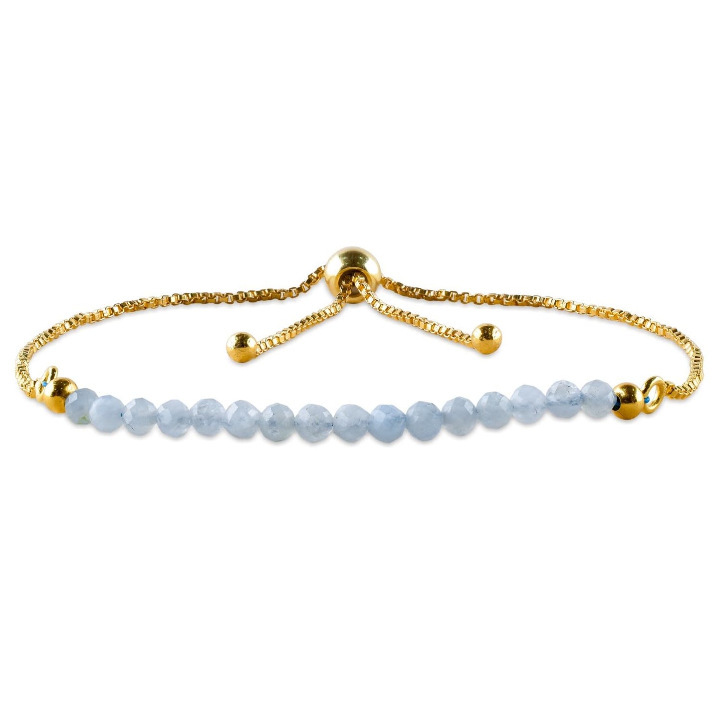 QNAVIC Natural Blue Aquamarine Gemstone Micro Beaded Dainty Slider Bolo Bracelet, Handmade Jewelry for women, Healing Chakra Crystals Birthstone Gift for Her, 14K Gold Plated Chain 6-9 inch