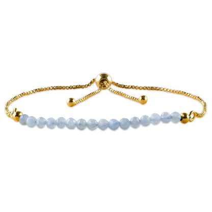 QNAVIC Natural Blue Aquamarine Gemstone Micro Beaded Dainty Slider Bolo Bracelet, Handmade Jewelry for women, Healing Chakra Crystals Birthstone Gift for Her, 14K Gold Plated Chain 6-9 inch