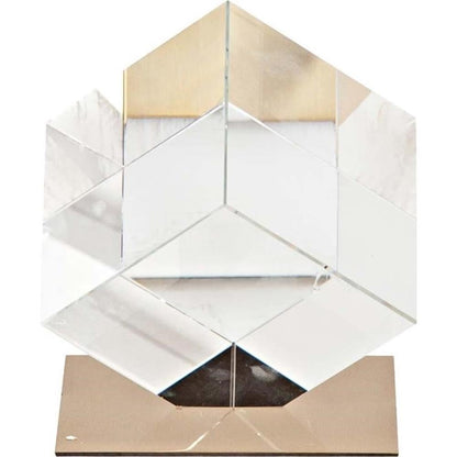 Pemberly Row Modern Clear Glass Sculpture, 5" L x 5" W x 6" H, Optical Glass with Gold Metal Base, Compact Accent Piece for Shelves, Desks or Centerpieces, Elegant Contemporary Home Decor